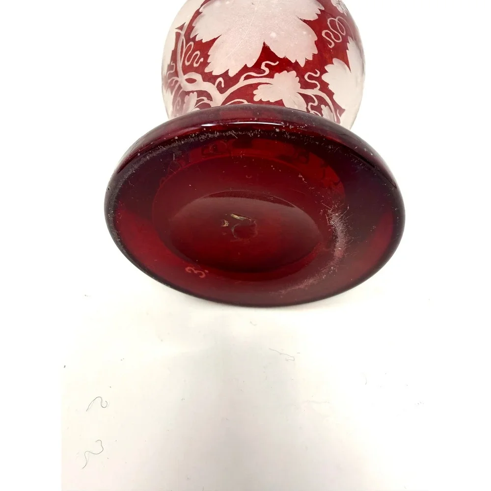 Vintage Bohemian Ruby Red Flashed Glass Decanter Etched Grape Vine Stopper